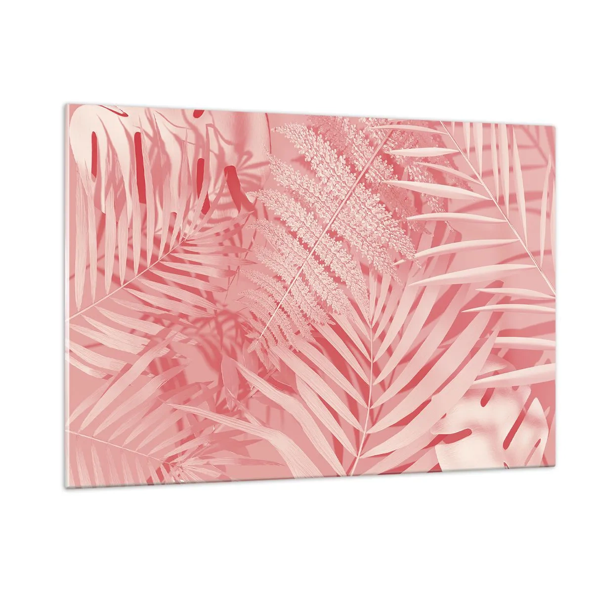 Cuadro sobre vidrio - Impresiones sobre Vidrio - Hojas tropicales rosas en una composición moderna. - 120x80cm - Concepto rosa - Decoración de pared moderna para salón y dormitorio ARTTOR