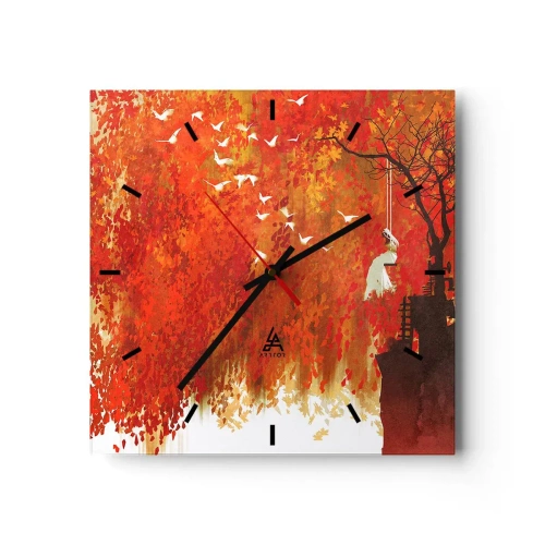 Reloj de pared - Reloj de vidrio - Una figura en un columpio junto a un árbol rodeado de hojas rojas. - 30x30cm - ¿Volará con ellos? - Decoración de pared moderna para salón y dormitorio ARTTOR