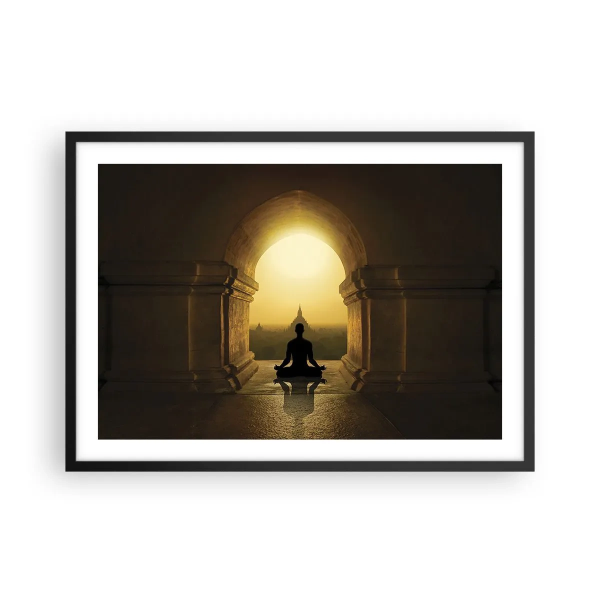 Póster en marco negro - Silueta de una persona meditando a la luz del sol poniente. - 70x50cm - Armonía total - Decoración de pared moderna para salón y dormitorio ARTTOR