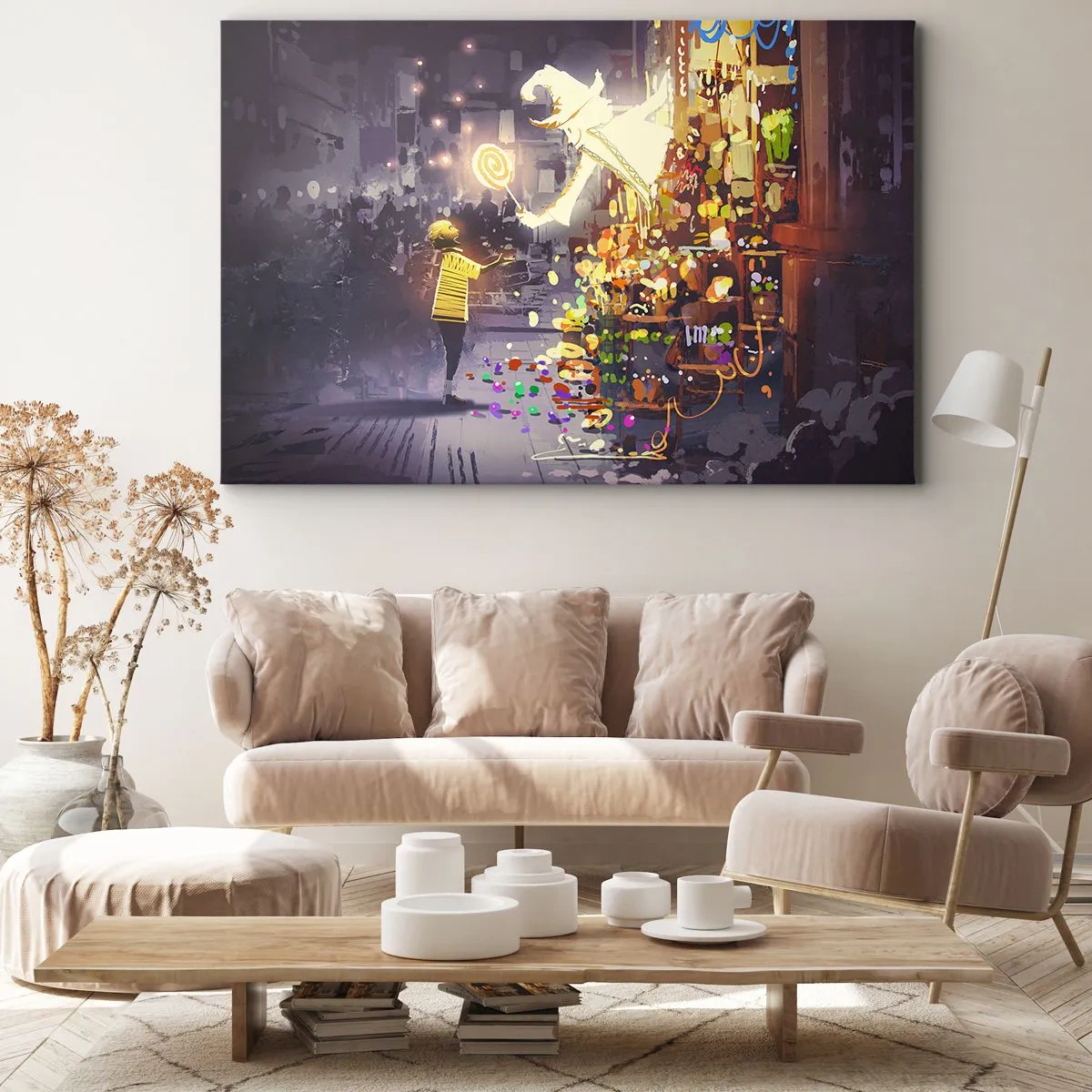 Cuadro sobre lienzo - Impresión de Imagen - Un personaje de cuento de hadas y un niño en una calle llena de luces y magia. - 70x50cm - Los hechizos existen - Decoración de pared moderna para salón y dormitorio ARTTOR