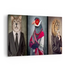 Cuadro sobre lienzo - Impresión de Imagen - Retratos estilizados de un lobo, un faisán y un león con ropas elegantes. - 100x70cm - ¿Qué estoy haciendo aquí? - Decoración de pared moderna para salón y dormitorio ARTTOR
