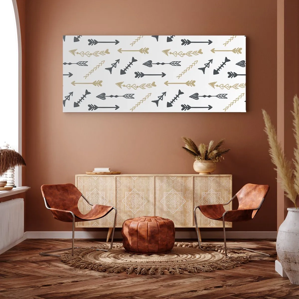 Cuadro sobre lienzo - Impresión de Imagen - Un patrón minimalista con flechas en colores beige y gris. - 160x50cm - El sueño de un arquero - Decoración de pared moderna para salón y dormitorio ARTTOR