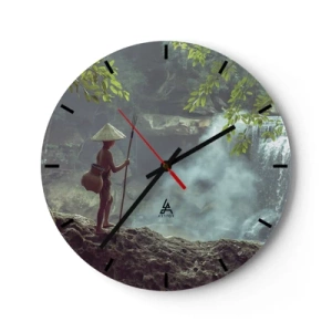 Reloj de pared - Reloj de vidrio - Una escena de la naturaleza con un niño junto a una cascada. - 30x30cm - Amistad con la naturaleza - Decoración de pared moderna para salón, cocina y dormitorio ARTTOR