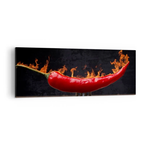 Cuadro sobre lienzo - Impresión de Imagen - Pimiento rojo flameado en un tenedor - 140x50cm - Un aperitivo ardiente - Decoración de pared moderna para salón y dormitorio ARTTOR