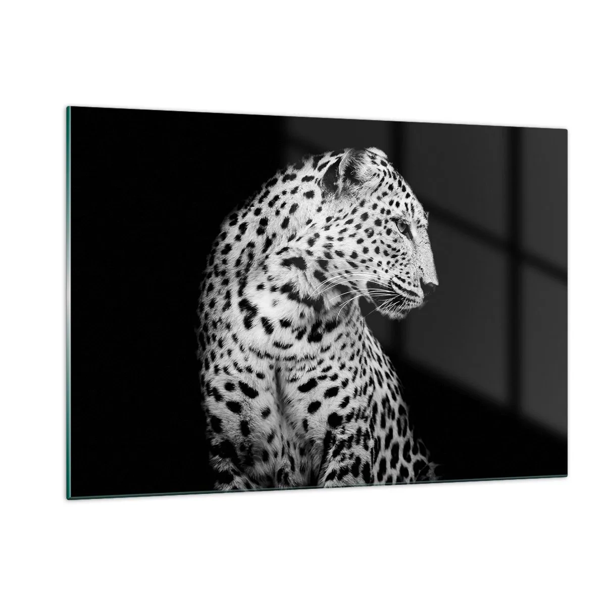 Cuadro sobre vidrio - Impresiones sobre Vidrio - Un leopardo con luz blanca y negra contra una ventana. - 120x80cm - El perfil derecho es perfecto - Decoración de pared moderna para salón y dormitorio ARTTOR