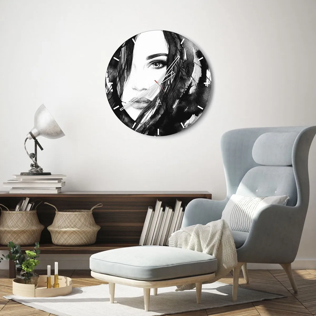 Reloj de pared - Reloj de vidrio - Retrato de una dama en blanco y negro - 30x30 cm