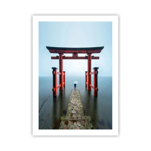 Póster - Torii rojo con el agua tranquila y el cielo como telón de fondo - 50x70cm - Ensueño japonés - Decoración de pared moderna para salón y dormitorio ARTTOR