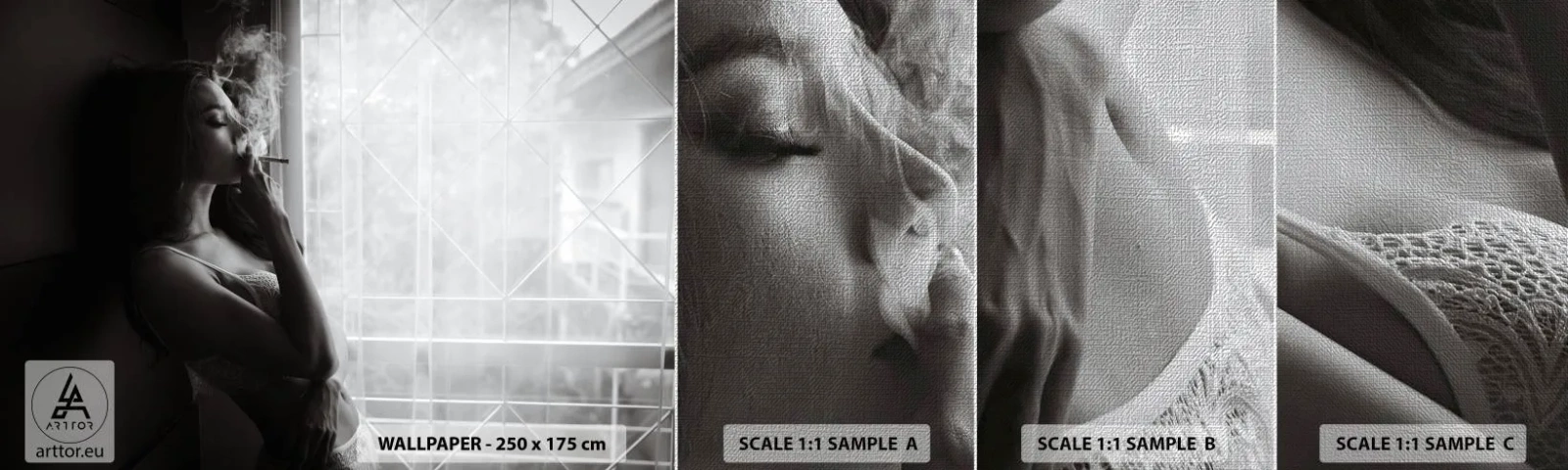 Muestra de fotomural Premium Canvas - Un momento sensual - Mujer, Cigarrillo, Dormitorio - 100x30 cm