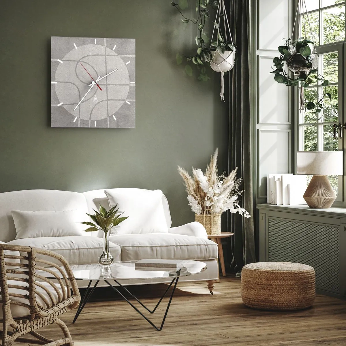 Reloj de pared - Reloj de vidrio - Patrón geométrico en tonos grises y blancos. - 30x30cm - Circular y rectilíneo - Decoración de pared moderna para salón y dormitorio ARTTOR