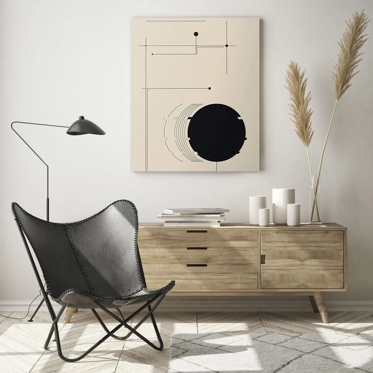 Cuadro sobre vidrio - Impresiones sobre Vidrio - Composición abstracta con un círculo negro y líneas geométricas. - 50x70cm - Composición elástica y dinámica - Decoración de pared moderna para salón y dormitorio ARTTOR