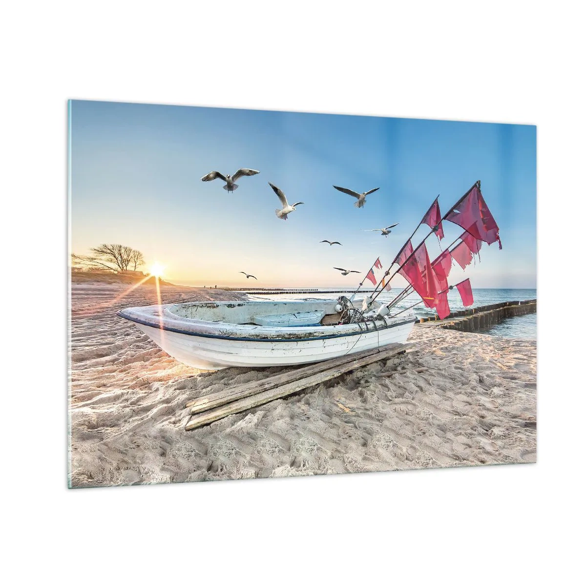 Cuadro sobre vidrio - Impresiones sobre Vidrio - Barco de pesca en la playa al amanecer - 100x70cm - Un merecido descanso - Decoración de pared moderna para salón y dormitorio ARTTOR