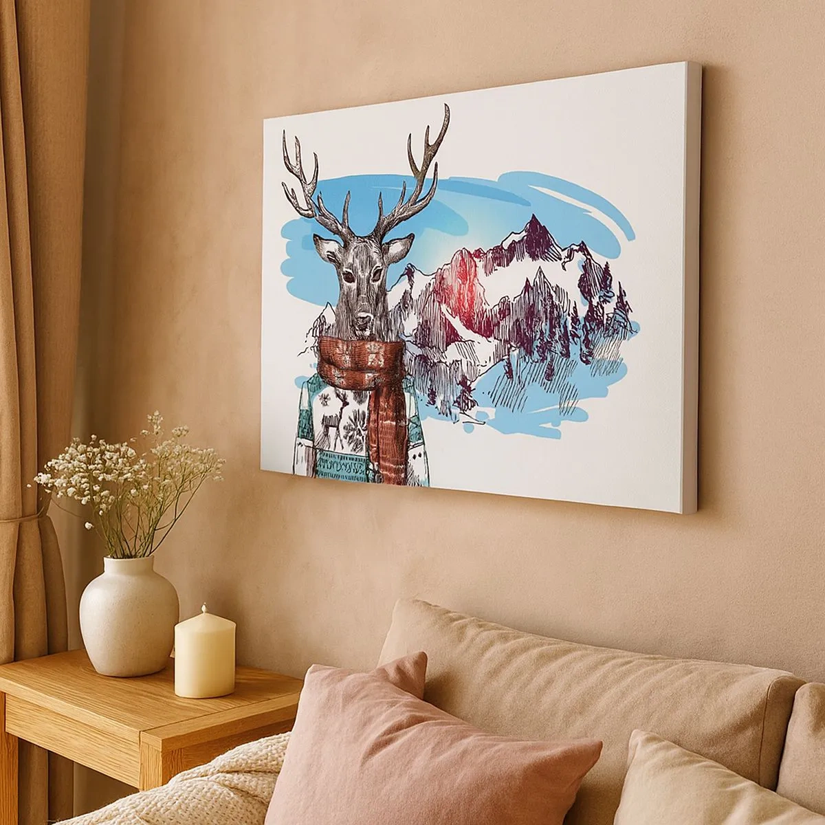 Cuadro sobre lienzo - Impresión de Imagen - Un ciervo con un suéter de invierno frente a un paisaje montañoso. - 70x50cm - Ni el ciervo pasa frío - Decoración de pared moderna para salón y dormitorio ARTTOR