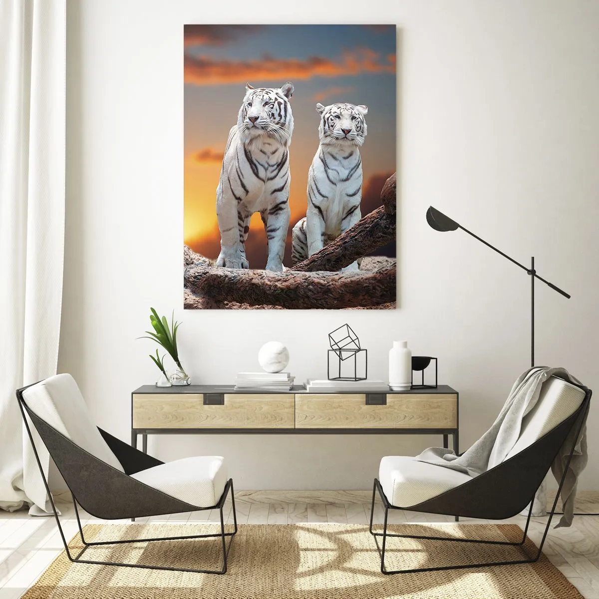 Cuadro sobre vidrio - Impresiones sobre Vidrio - Tigres blancos al atardecer con la naturaleza como telón de fondo - 80x120cm - Como en Narnia - Decoración de pared moderna para salón y dormitorio ARTTOR