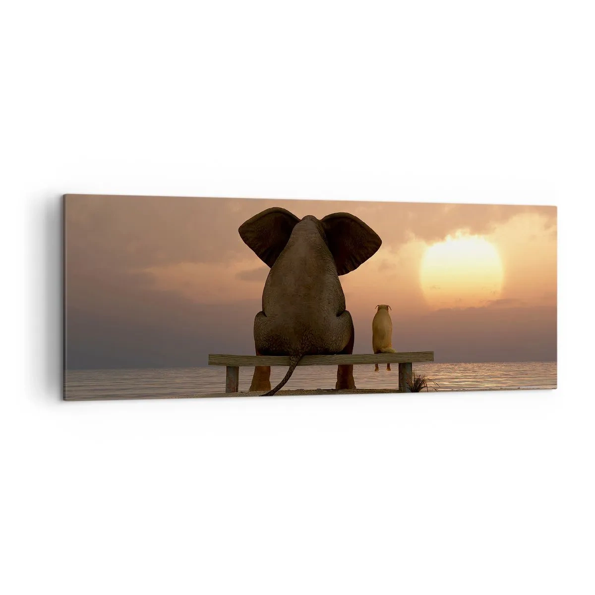 Cuadro sobre lienzo - Impresión de Imagen - Un elefante y un perro están sentados en un banco en la playa durante el atardecer. - 140x50cm - Es bueno estar en silencio juntos - Decoración de pared moderna para salón y dormitorio ARTTOR