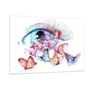 Cuadro sobre vidrio - Impresiones sobre Vidrio - El ojo de una mujer rodeado de coloridas mariposas de acuarela. - 120x80cm - El encanto de los ojos de cuento de hadas - Decoración de pared moderna para salón y dormitorio ARTTOR