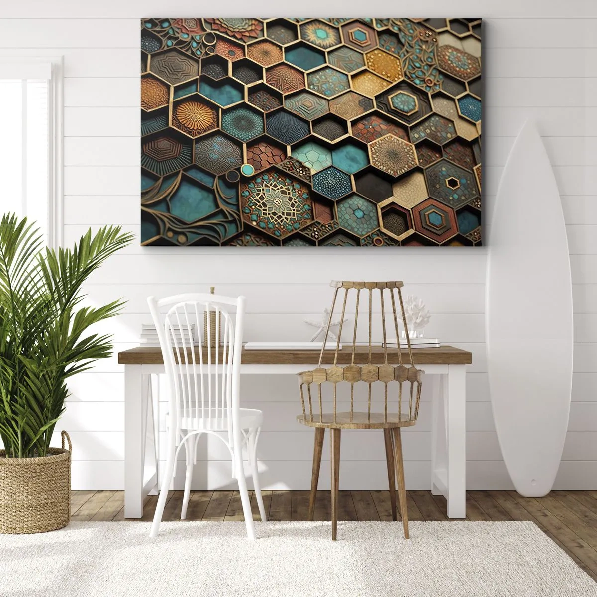 Cuadro sobre lienzo - Impresión de Imagen - Adornos coloridos en patrones hexagonales. - 120x80cm - Ornamentos árabes - Decoración de pared moderna para salón y dormitorio ARTTOR