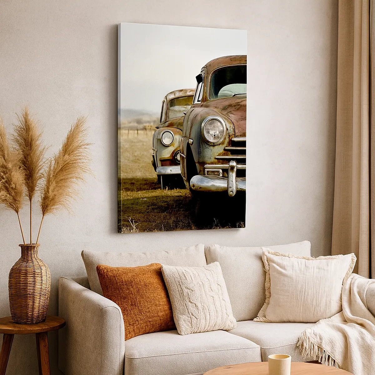 Cuadro sobre lienzo - Impresión de Imagen - Dos coches viejos en un camino de tierra junto a una valla de madera. - 50x70cm - Un merecido descanso - Decoración de pared moderna para salón y dormitorio ARTTOR