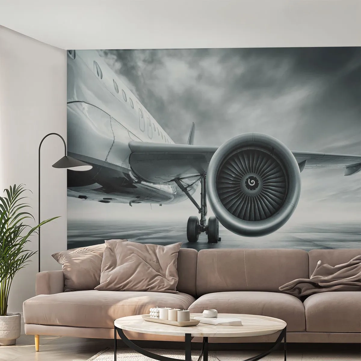 Fotomural Premium Sand - Un motor a reacción en la pista al amanecer - 100x70cm - Hay poder - Decoración de pared moderna para salón y dormitorio ARTTOR