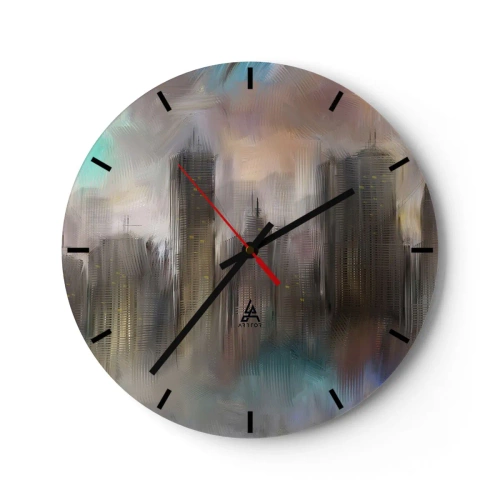 Reloj de pared - Reloj de vidrio - Una imagen abstracta de una ciudad con rascacielos en un entorno brumoso. - 30x30cm - Una composición de acero, piedra y niebla - Decoración de pared moderna para salón, cocina y dormitorio ARTTOR