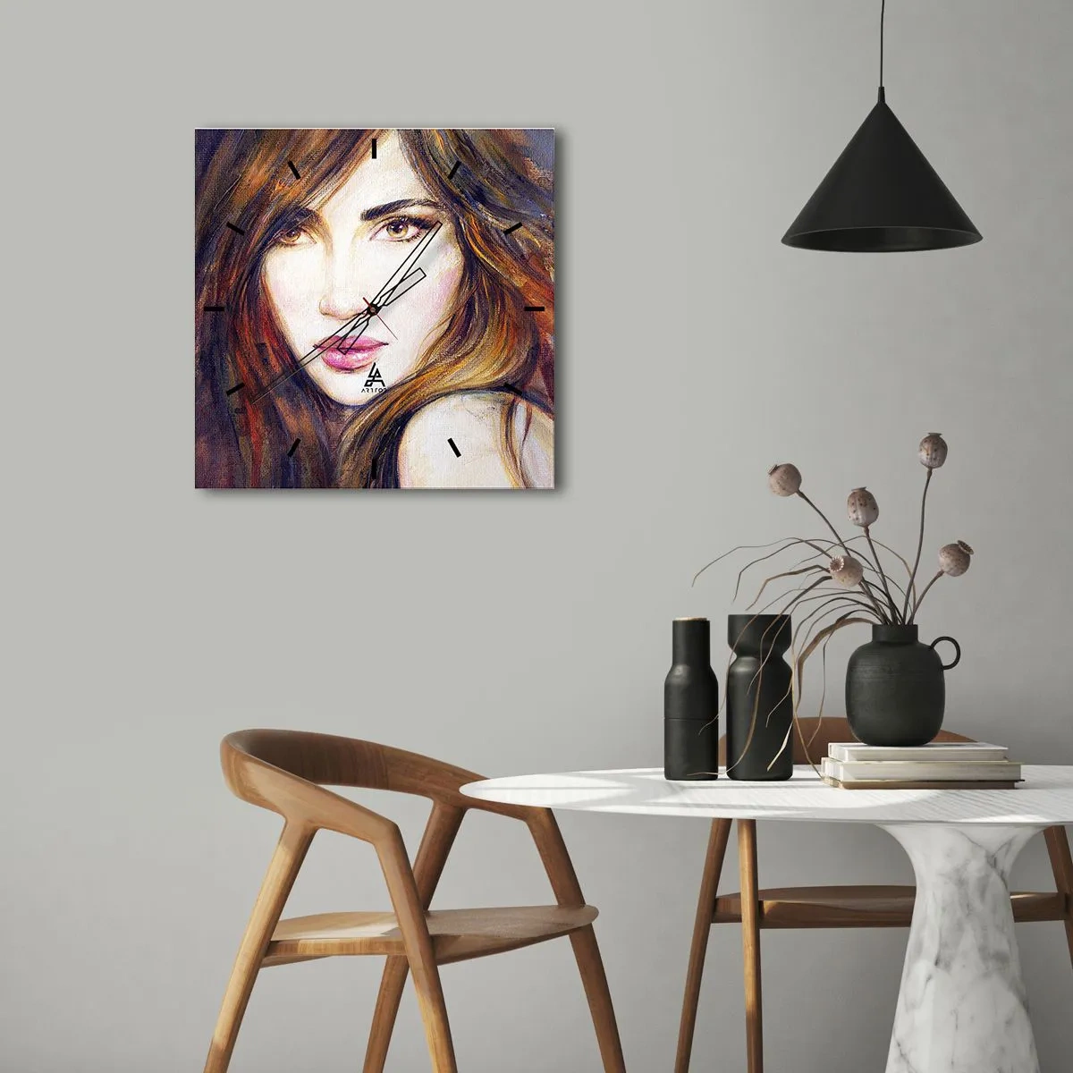 Reloj de pared - Reloj de vidrio - Retrato de una mujer en estilo pictórico. - 30x30cm - Veo tus pensamientos - Decoración de pared moderna para salón y dormitorio ARTTOR
