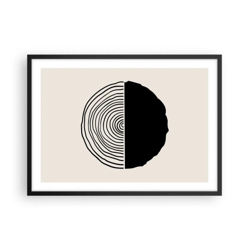 Póster en marco negro - Un motivo abstracto en blanco y negro inspirado en una sección transversal de madera con una división geométrica. - 70x50cm - Mitad y mitad - Decoración de pared moderna para salón y dormitorio ARTTOR