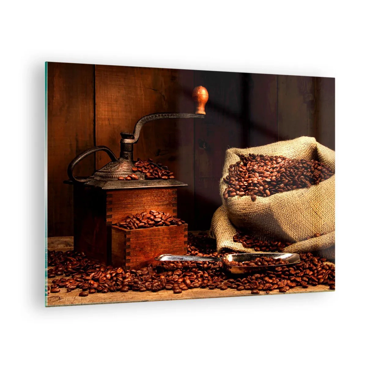 Cuadro sobre vidrio - Impresiones sobre Vidrio - Un viejo molinillo de café con granos y una bolsa de café. - 70x50cm - Bodegón con granos de café y molinillo - Decoración de pared moderna para salón y dormitorio ARTTOR