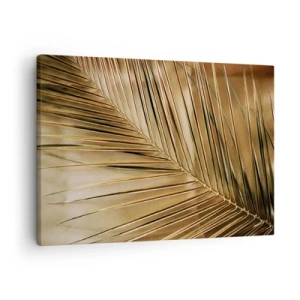 Cuadro sobre lienzo - Impresión de Imagen - Hoja de palma dorada sobre un fondo sólido - 70x50cm - Una columnata natural - Decoración de pared moderna para salón y dormitorio ARTTOR