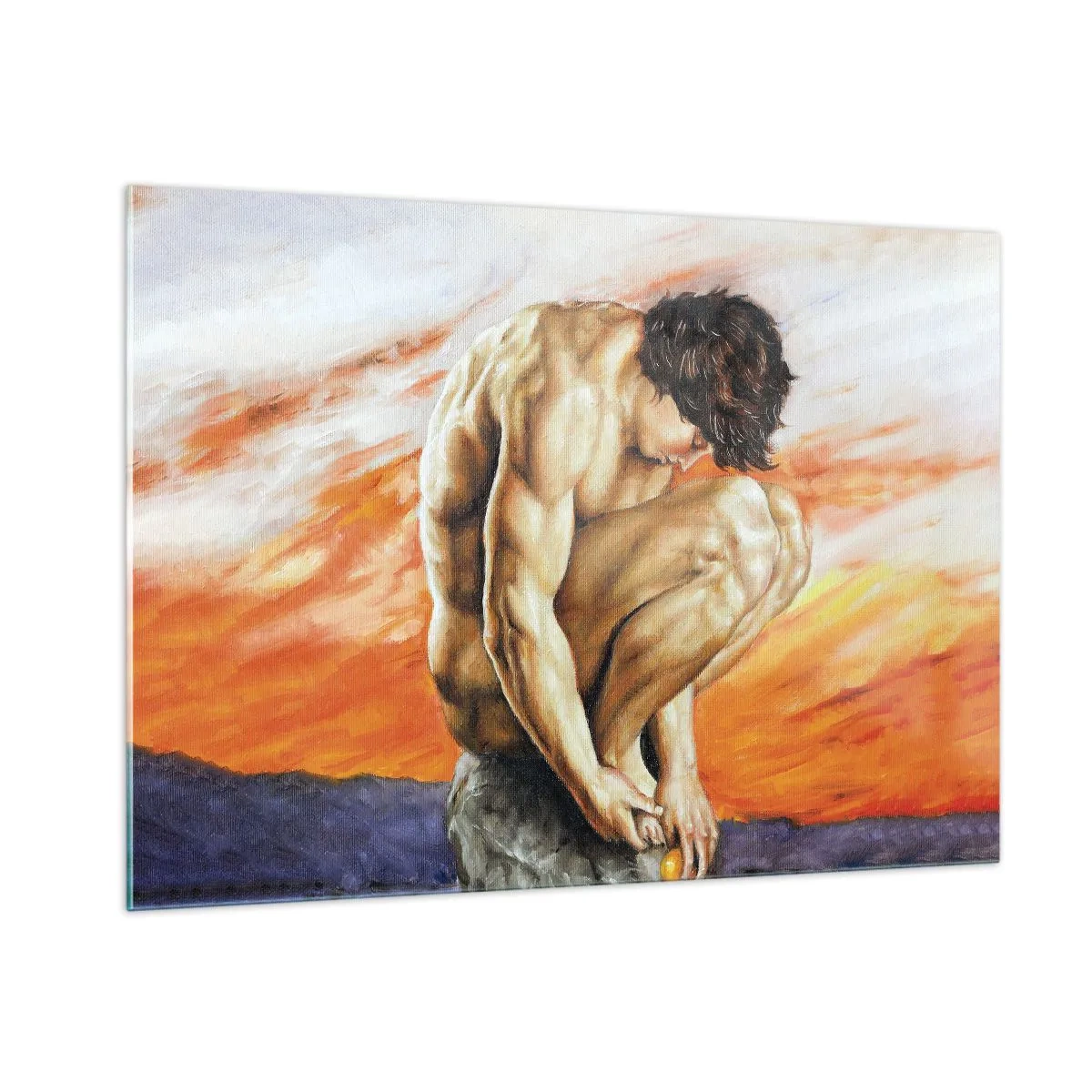 Cuadro sobre vidrio - Impresiones sobre Vidrio - Un cuerpo humano desnudo contra un cielo naranja intenso. - 100x70cm - Sumergido en sí mismo - Decoración de pared moderna para salón y dormitorio ARTTOR