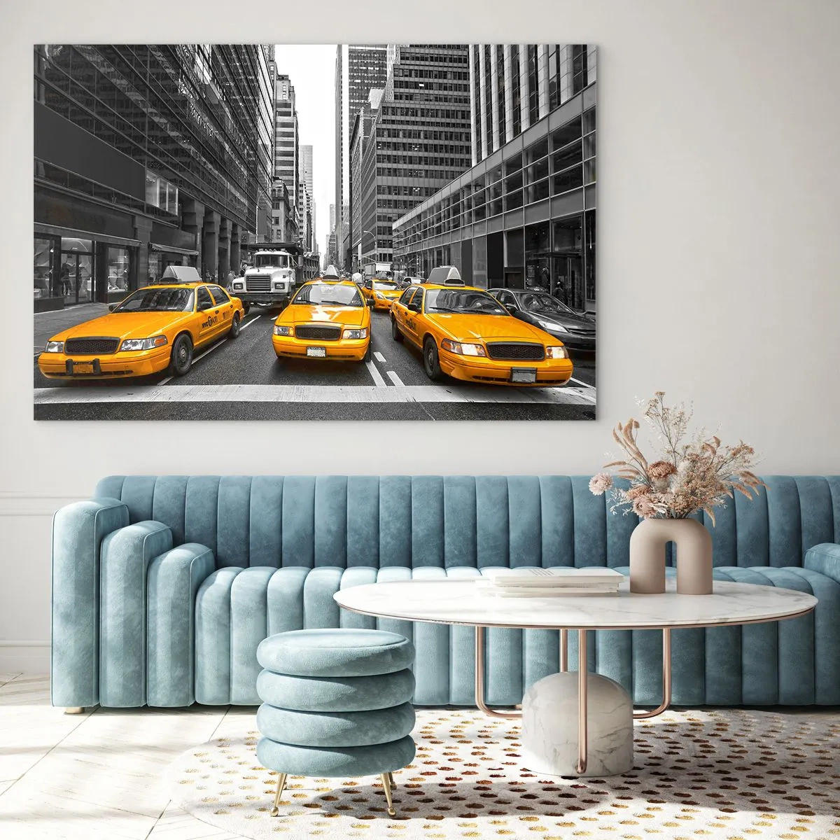 Cuadro sobre vidrio - Impresiones sobre Vidrio - Taxis amarillos en las calles de Nueva York - 70x50cm - Nosotros somos los que damos color a la ciudad - Decoración de pared moderna para salón y dormitorio ARTTOR