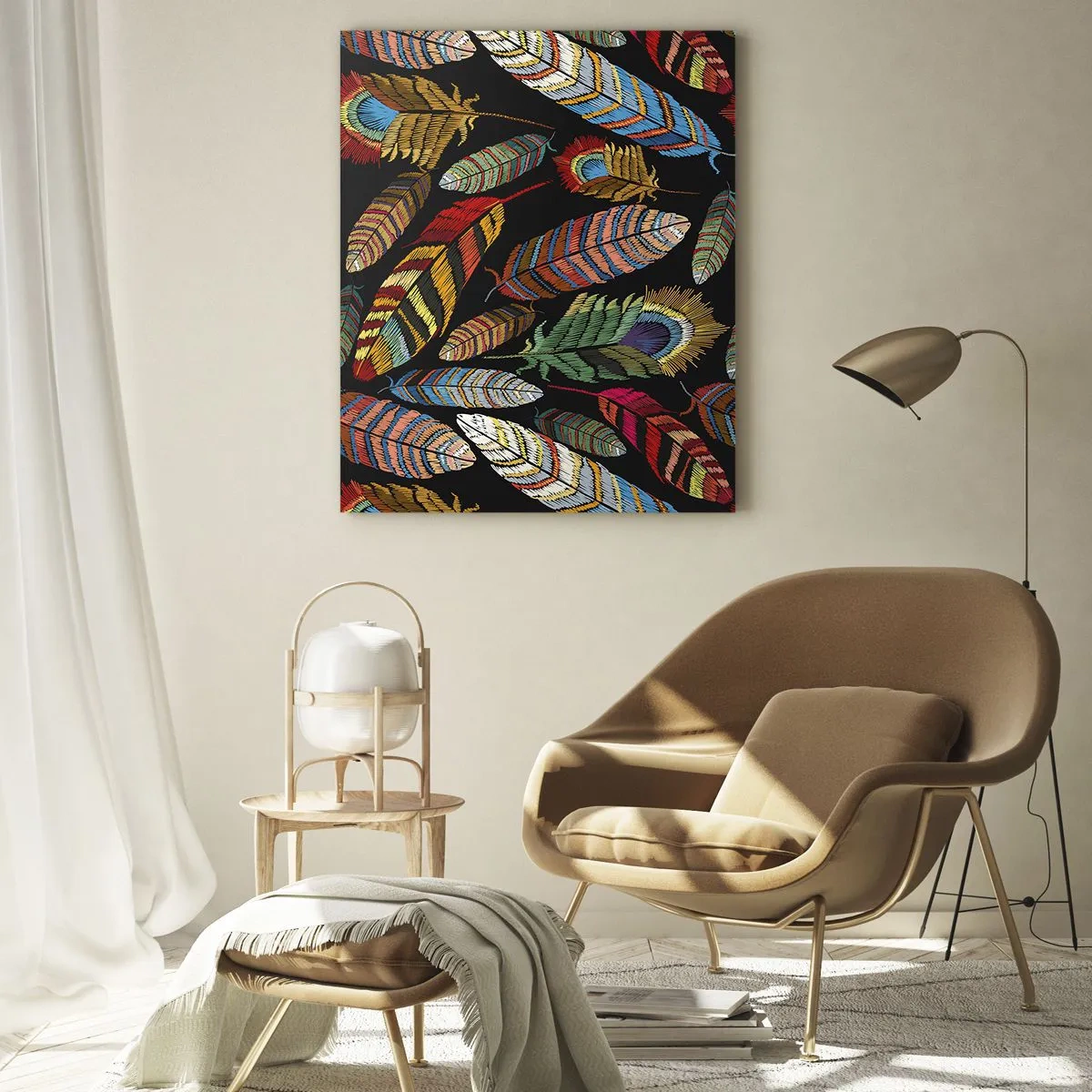 Cuadro sobre vidrio - Impresiones sobre Vidrio - Plumas de colores sobre un fondo negro - 80x120cm - Carnaval de las aves - Decoración de pared moderna para salón y dormitorio ARTTOR