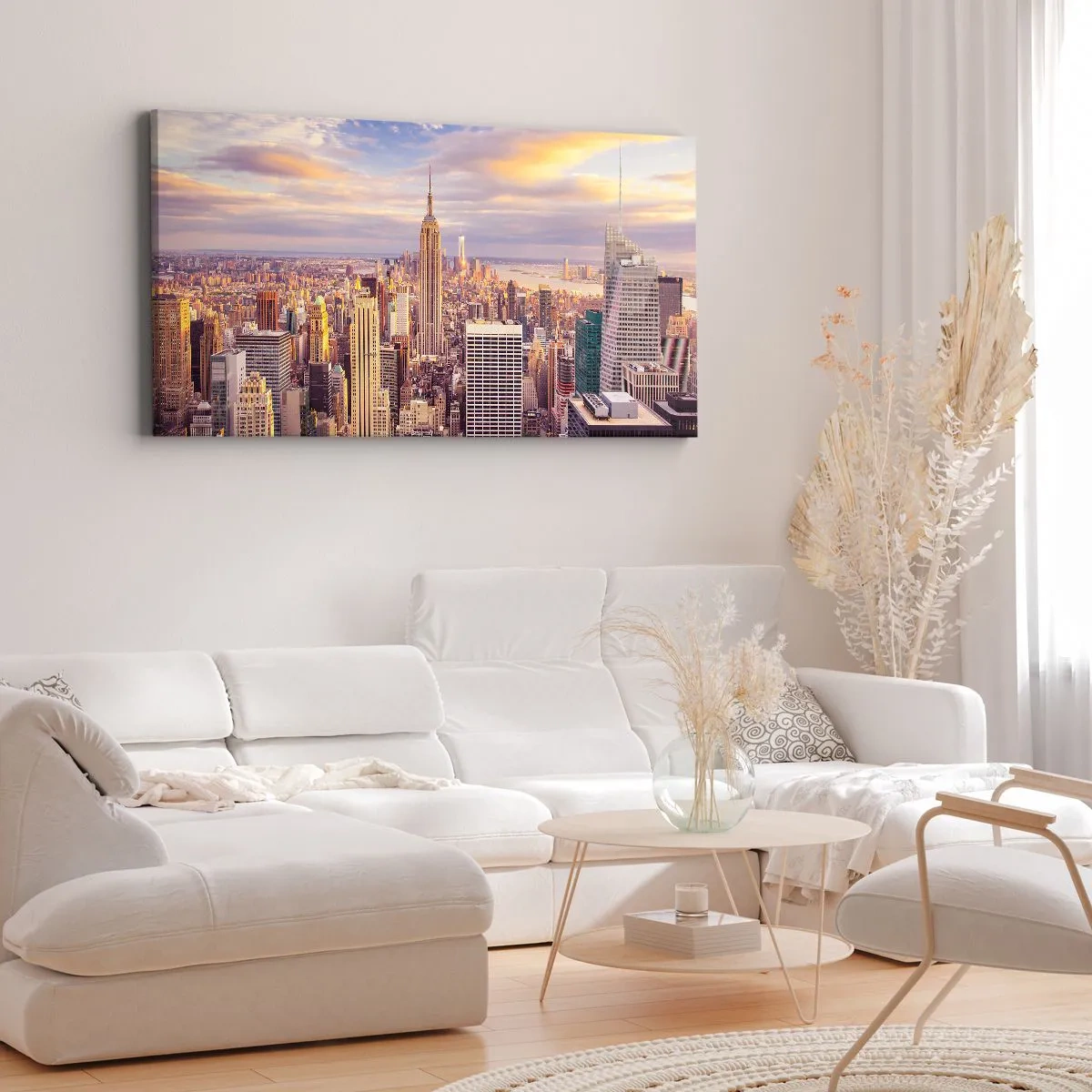 Cuadro sobre lienzo - Impresión de Imagen - Panorama de una ciudad moderna con rascacielos al atardecer - 140x50cm - Alcanzar las nubes - Decoración de pared moderna para salón y dormitorio ARTTOR