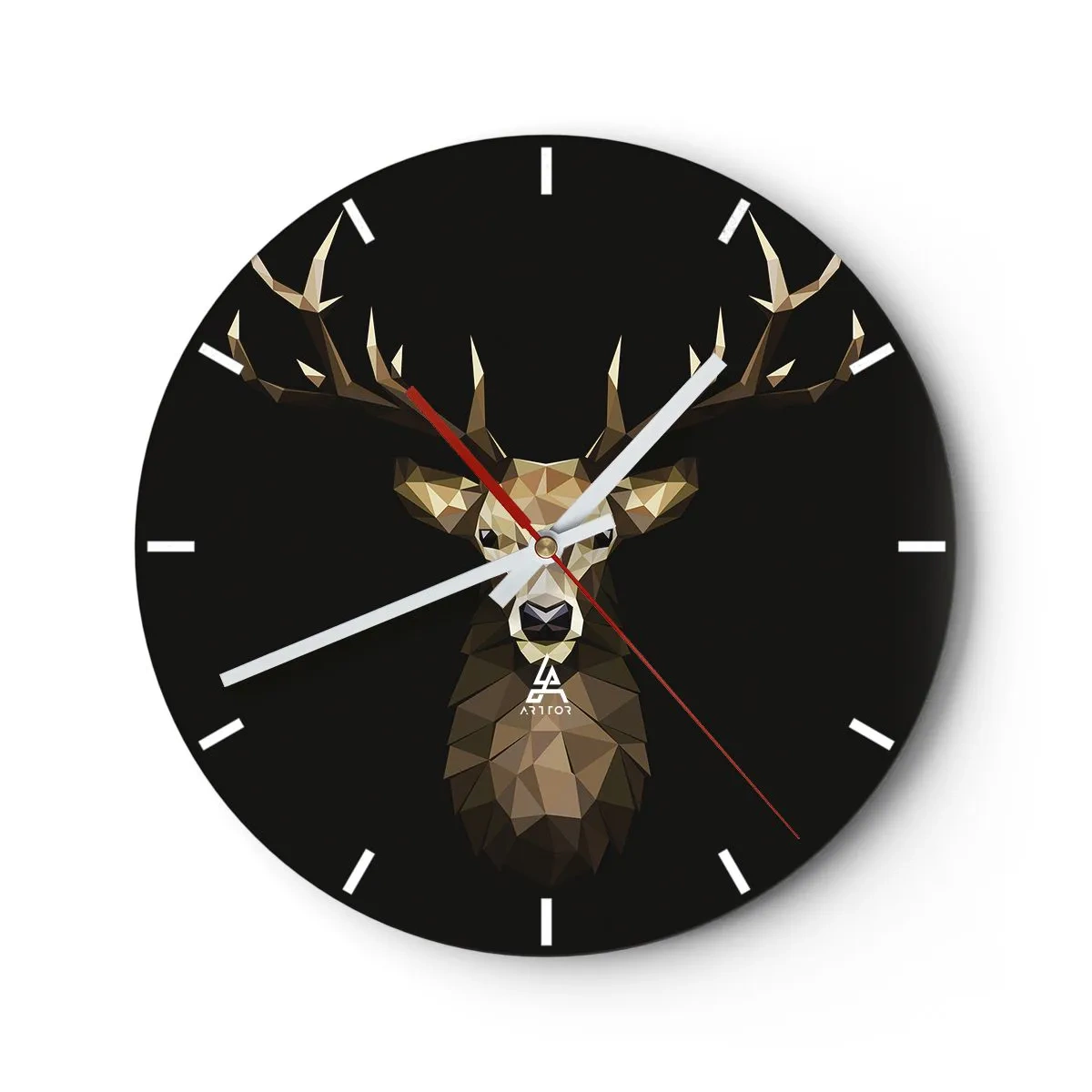 Reloj de pared - Reloj de vidrio - Imagen geométrica de un ciervo sobre un fondo negro. - 30x30cm - Ciervo cubista - Decoración de pared moderna para salón, cocina y dormitorio ARTTOR