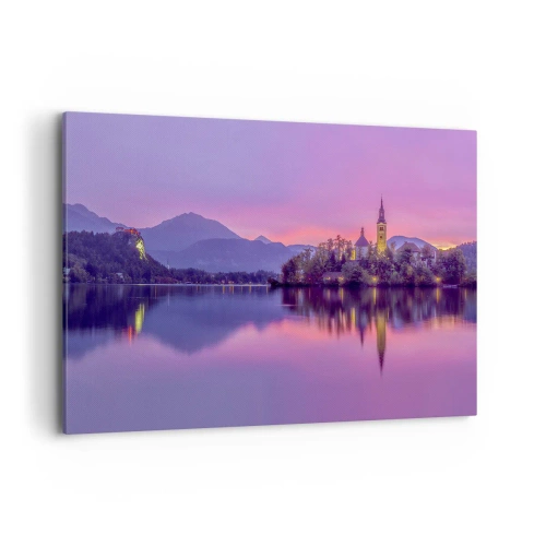 Cuadro sobre lienzo - Impresión de Imagen - Lago con una isla y una iglesia al atardecer - 100x70cm - Isla de cuento de hadas al atardecer - Decoración de pared moderna para salón y dormitorio ARTTOR