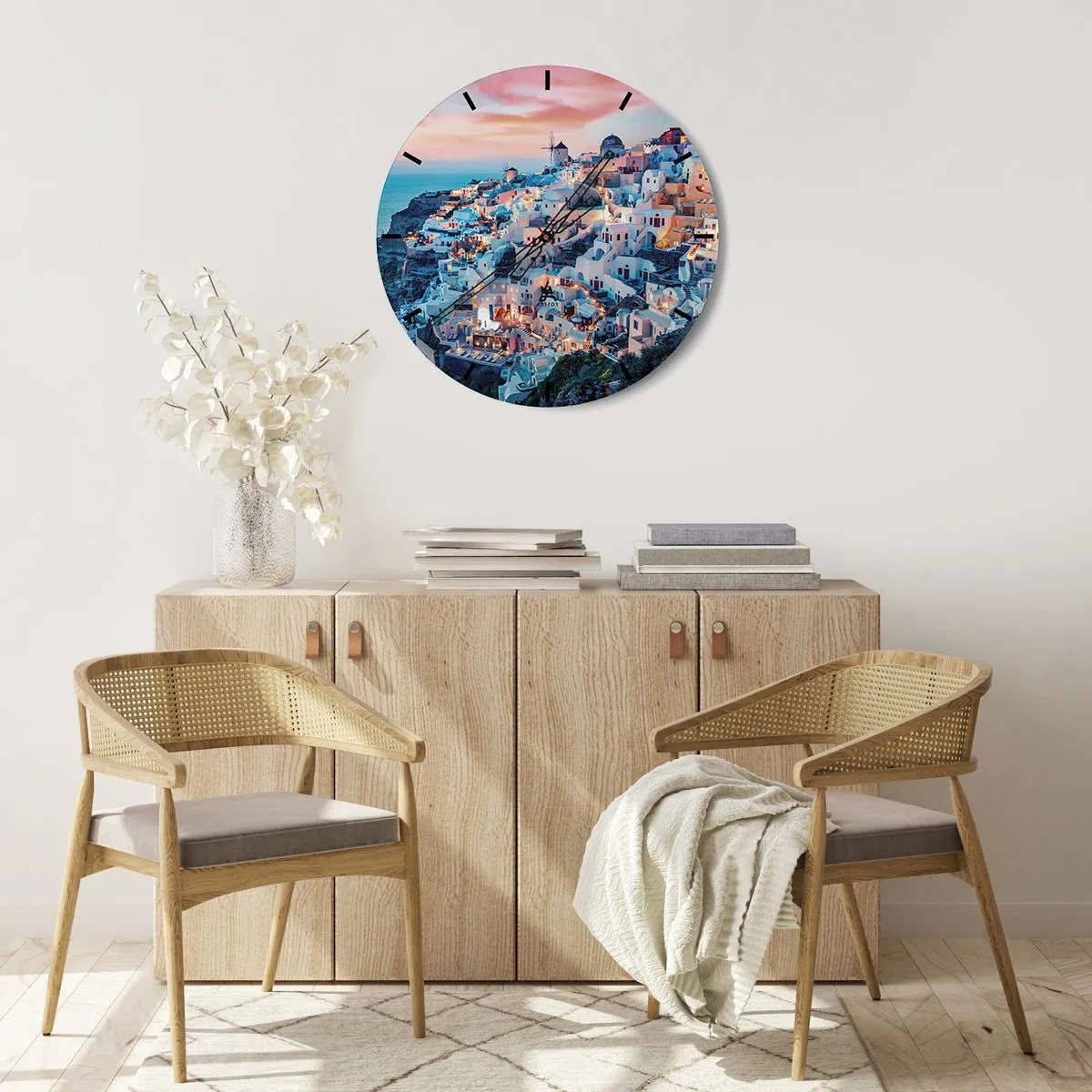 Reloj de pared - Reloj de vidrio - Vista de edificios blancos en un acantilado al atardecer - 30x30cm - Vacaciones en Grecia - Decoración de pared moderna para salón, cocina y dormitorio ARTTOR