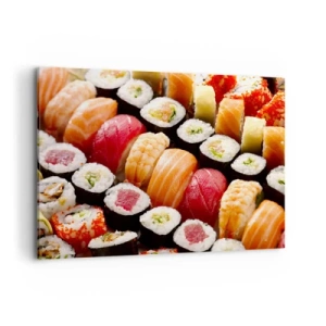 Cuadro sobre lienzo - Impresión de Imagen - Sushi colorido dispuesto en filas con diversos ingredientes. - 100x70cm - Colores y sabores de Asia - Decoración de pared moderna para salón y dormitorio ARTTOR