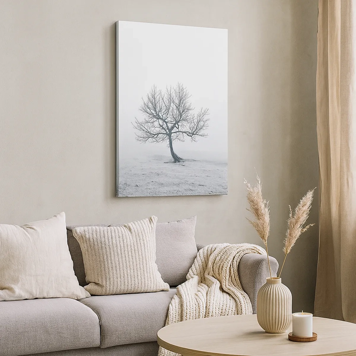 Cuadro sobre lienzo - Impresión de Imagen - Un árbol solitario en la niebla invernal en un campo vacío. - 50x70cm - Contra la nada - Decoración de pared moderna para salón y dormitorio ARTTOR