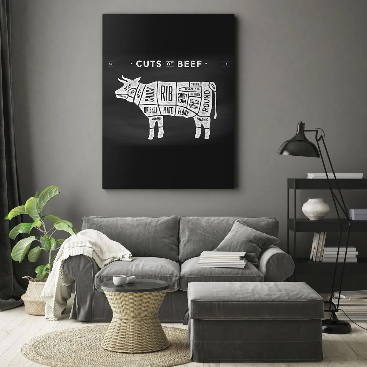 Cuadro sobre lienzo - Impresión de Imagen - Diagrama de cortes de carne de res sobre un fondo negro - 70x100cm - Manual del carnicero - Decoración de pared moderna para salón y dormitorio ARTTOR