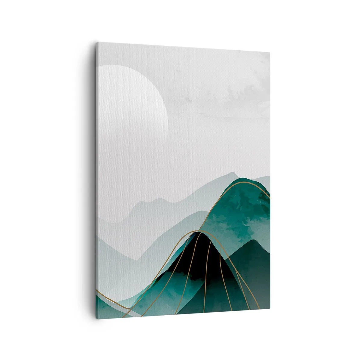 Cuadro sobre lienzo - Impresión de Imagen - Paisaje montañoso abstracto con la luna y líneas doradas. - 50x70cm - Con toda la majestuosidad - Decoración de pared moderna para salón y dormitorio ARTTOR