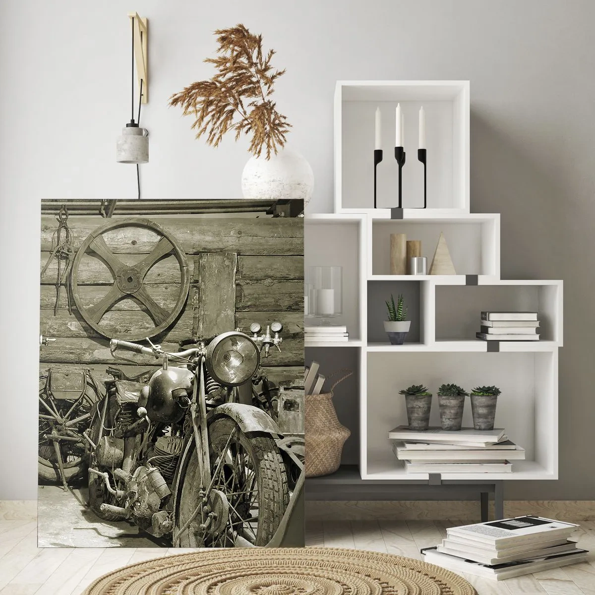 Cuadro sobre vidrio - Impresiones sobre Vidrio - Un taller con herramientas antiguas y una motocicleta vieja. - 50x70cm - En el trastero del abuelo - Decoración de pared moderna para salón y dormitorio ARTTOR