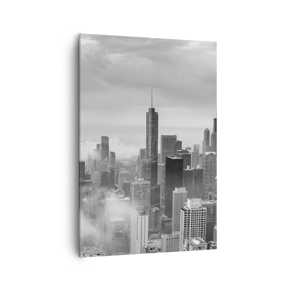 Cuadro sobre lienzo - Impresión de Imagen - Panorama de la ciudad con rascacielos en las nubes en blanco y negro - 70x100cm - Paisaje americano - Decoración de pared moderna para salón y dormitorio ARTTOR