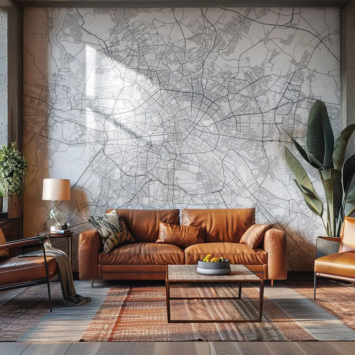 Fotomural Premium Sand - Mapa detallado de la ciudad en blanco y negro en un estilo minimalista - 100x70cm - Flor de Berlín - Decoración de pared moderna para salón y dormitorio ARTTOR