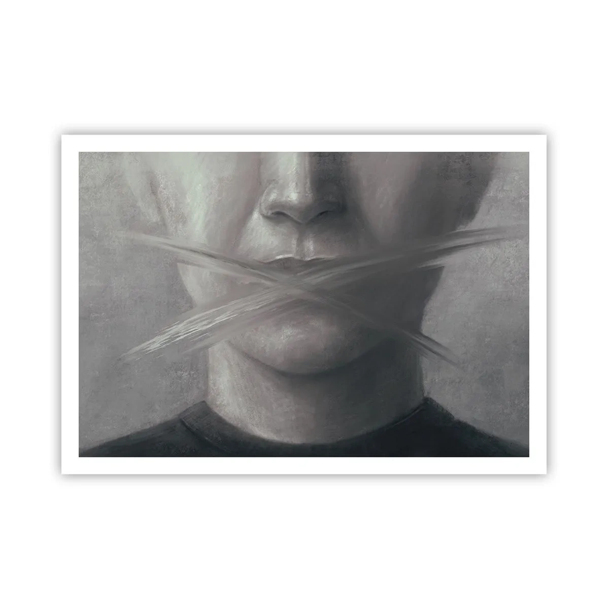Póster - Un retrato simbólico con labios difuminados en tonos grises. - 100x70cm - Ni una palabra - Decoración de pared moderna para salón y dormitorio ARTTOR
