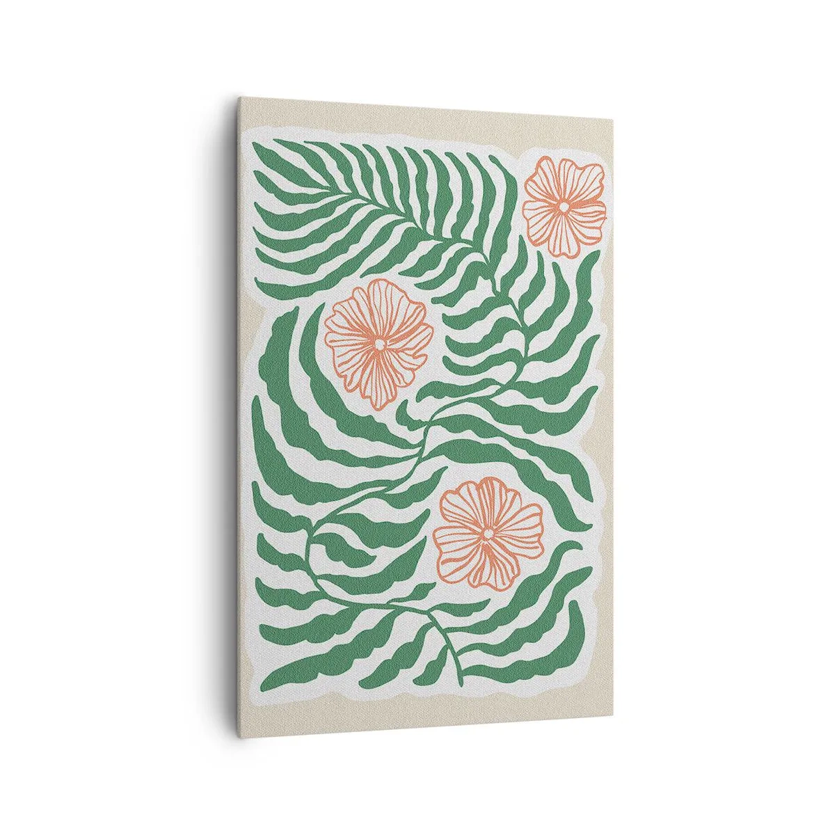 Cuadro sobre lienzo - Impresión de Imagen - Un motivo minimalista de hojas verdes con flores en tonos naranjas. - 80x120cm - Florecido en verde - Decoración de pared moderna para salón y dormitorio ARTTOR
