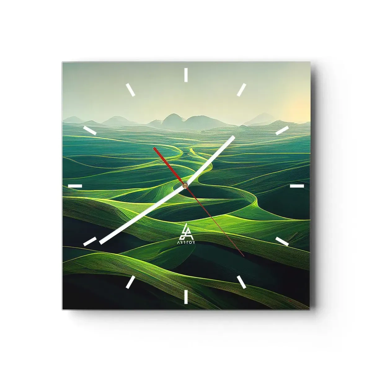 Reloj de pared - Reloj de vidrio - Colinas verdes con senderos ondulados - 30x30cm - Valles en tonos verdes - Decoración de pared moderna para salón y dormitorio ARTTOR