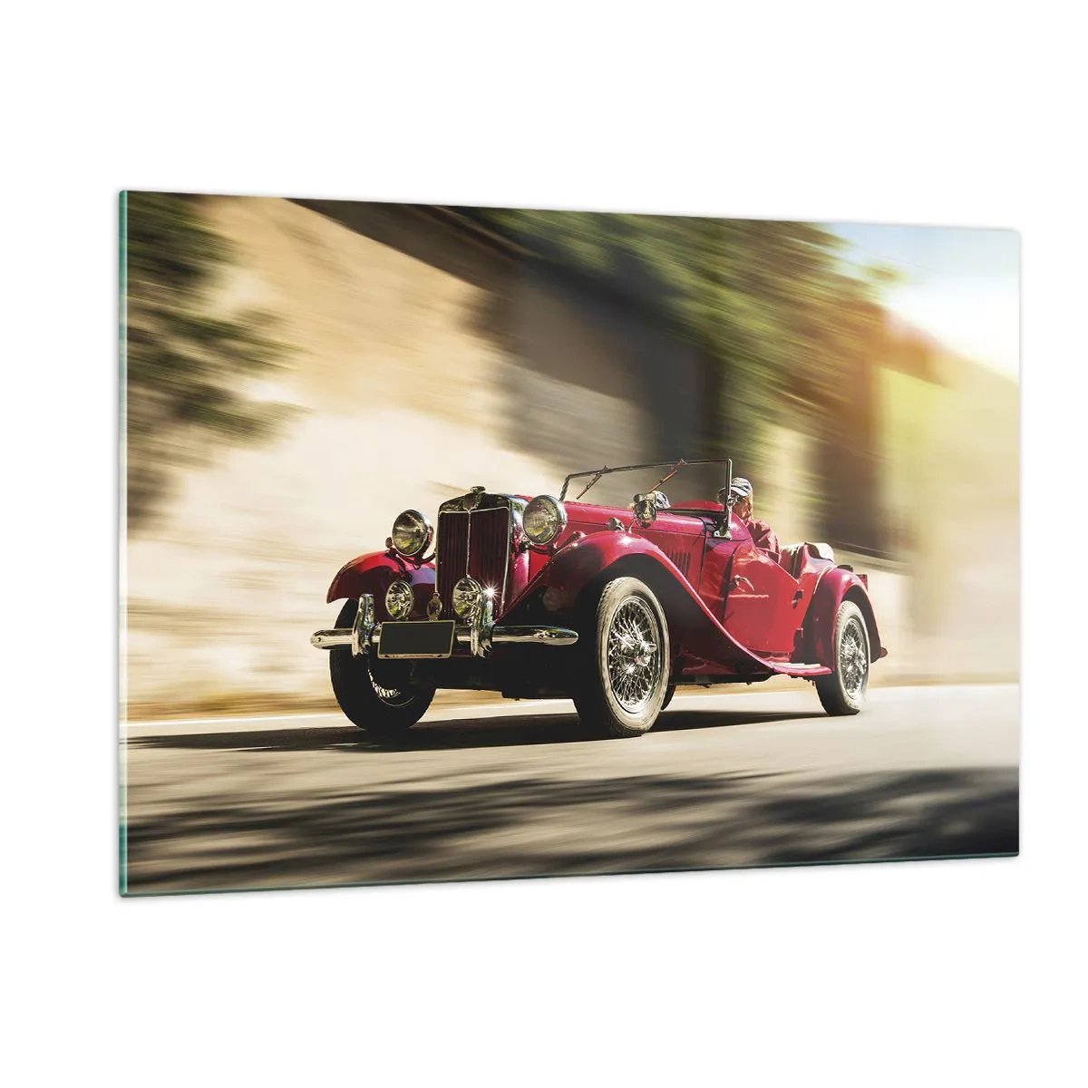 Cuadro sobre vidrio - Impresiones sobre Vidrio - Clásico descapotable rojo en movimiento contra el fondo de la calle y el paisaje borroso. - 120x80cm - Hermosa pieza de museo - Decoración de pared moderna para salón y dormitorio ARTTOR