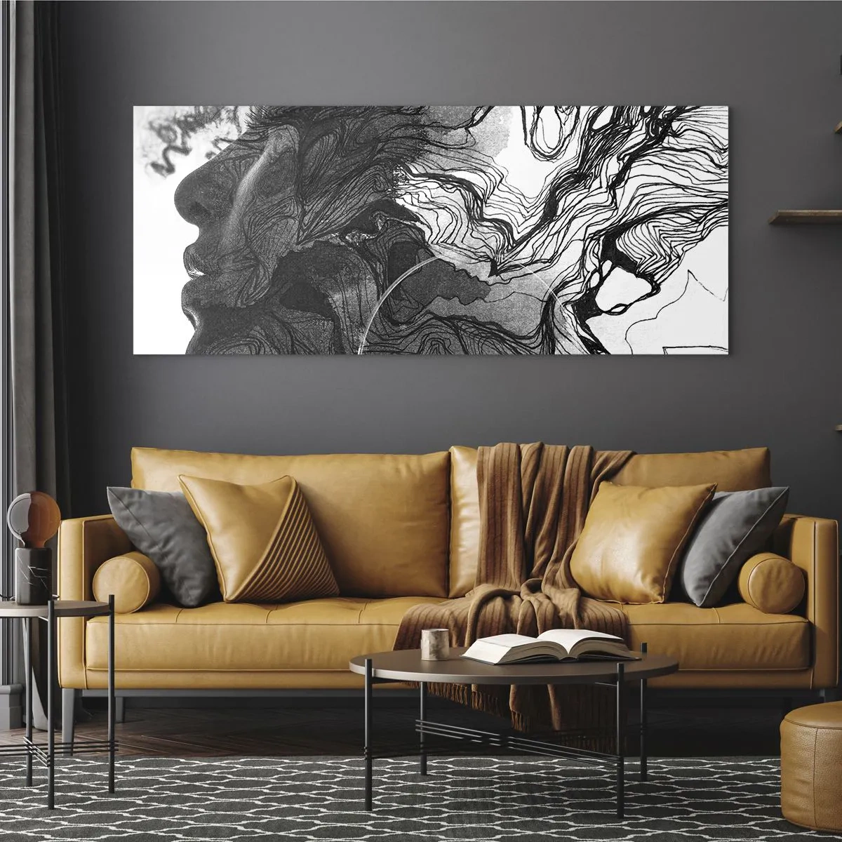 Cuadro sobre vidrio - Impresiones sobre Vidrio - Rostro abstracto en blanco y negro con líneas dinámicas. - 120x50cm - Enredada en sueños - Decoración de pared moderna para salón y dormitorio ARTTOR