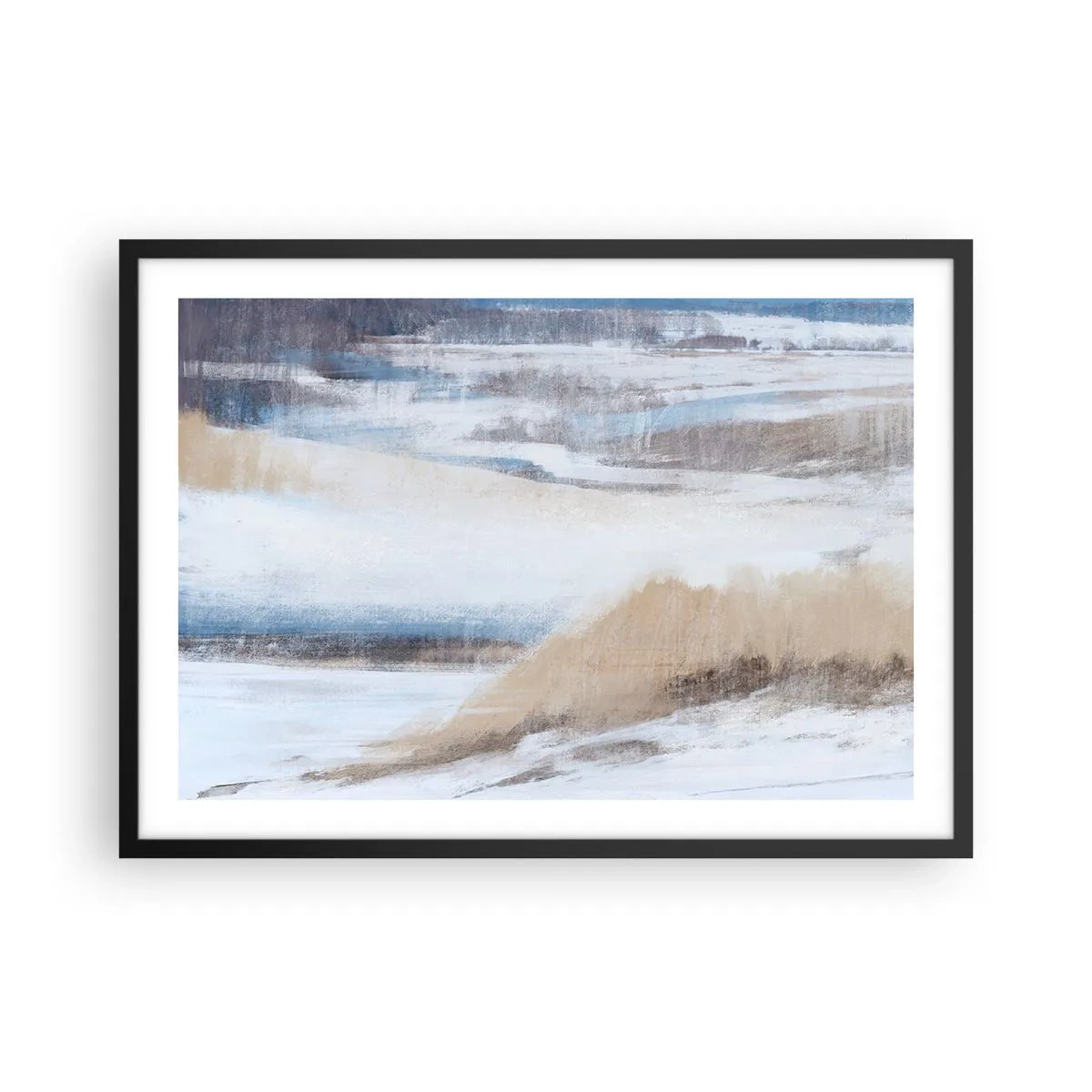 Póster en marco negro - Paisaje invernal abstracto en tonos blancos y azules. - 70x50cm - Composición invernal - Decoración de pared moderna para salón y dormitorio ARTTOR