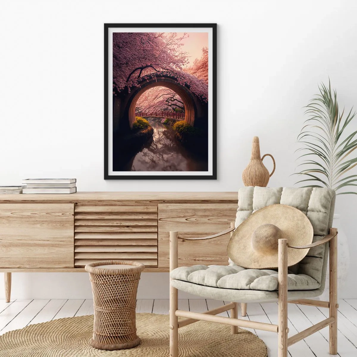 Póster en marco negro - Un puente romántico entre cerezos en flor - 50x70cm - Primavera japonesa - Decoración de pared moderna para salón y dormitorio ARTTOR