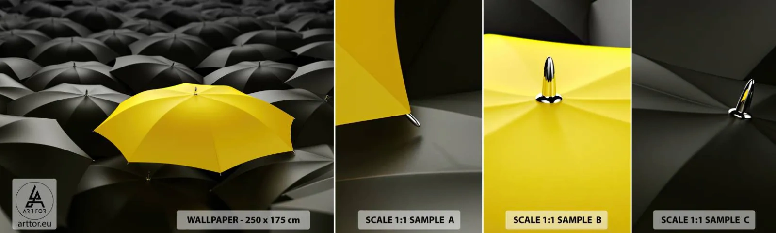 Muestra de fotomural autoadhesivo Deluxe Sticker - Adiós a la tristeza - Paraguas amarillos, Gráficos, Concepto - 100x30 cm