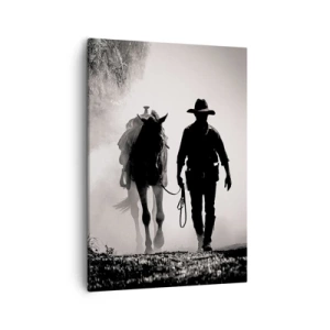 Cuadro sobre lienzo - Impresión de Imagen - Vaquero con caballo en la niebla de la mañana - 50x70cm - La mañana de Texas - Decoración de pared moderna para salón y dormitorio ARTTOR